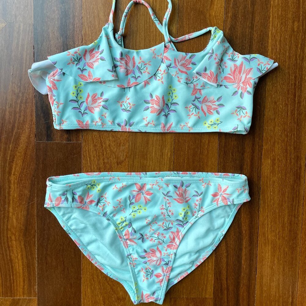 Lucky Brand Youth Girl’s Blue Floral Two Piece Bikini Set Swimwear